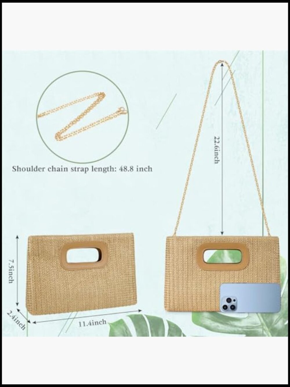 Straw Clutch Handbag with Gold Chain, Detachable Crossbody Shoulder Strap - Picture 6 of 7